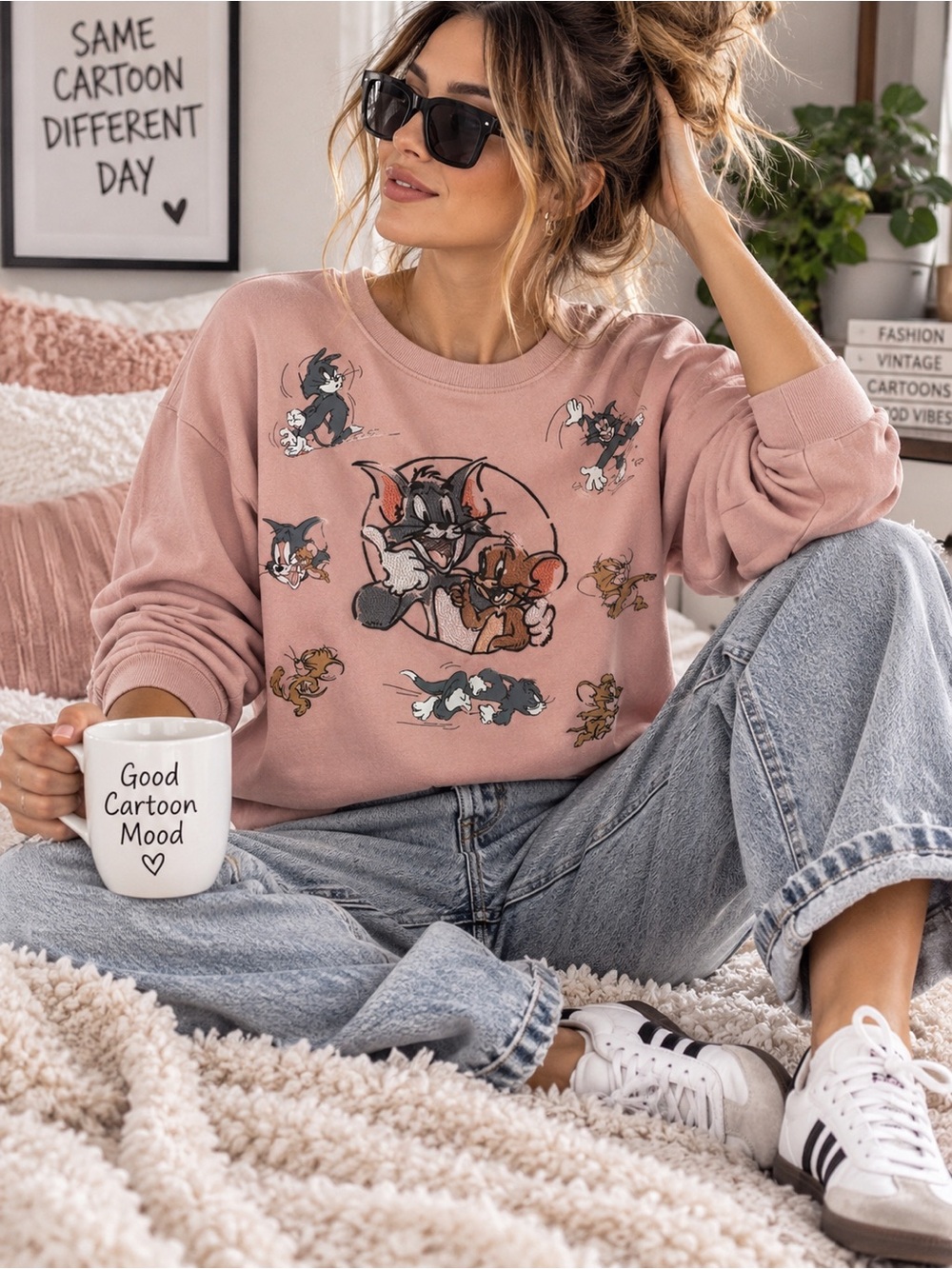 Tom & Jerry Embroidered Graphic Sweatshirt Pink Pullover Size L Cartoon